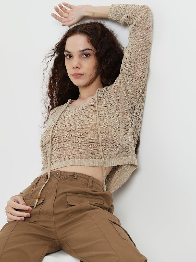 Nuon Beige Knit-Textured Cotton Blend Top