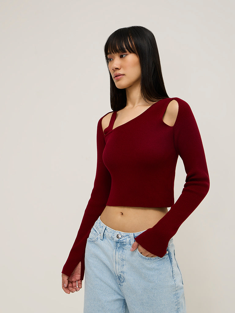 Nuon Burgundy Ribbed-Textured Top