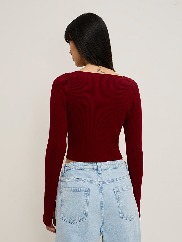 Nuon Burgundy Ribbed-Textured Top