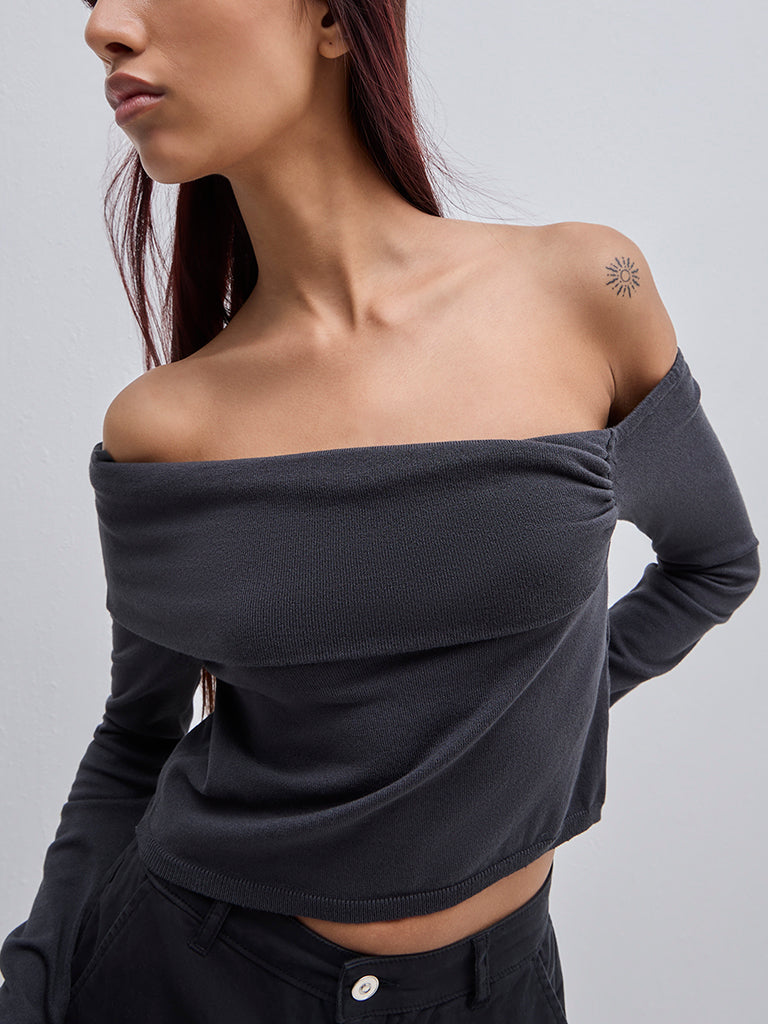 Nuon Grey Off-Shoulder Crop Cotton Top