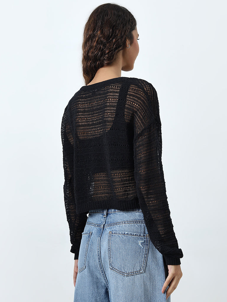 Nuon Black Crochet-Detailed Cotton Blend Top