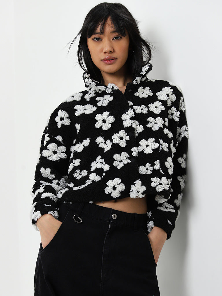 Nuon Black Floral Design Faux-Fur Jacket