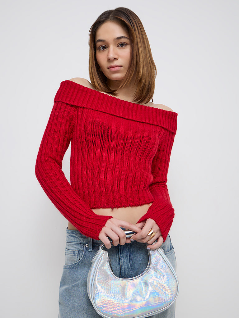 Nuon Red Ribbed Off-Shoulder Top