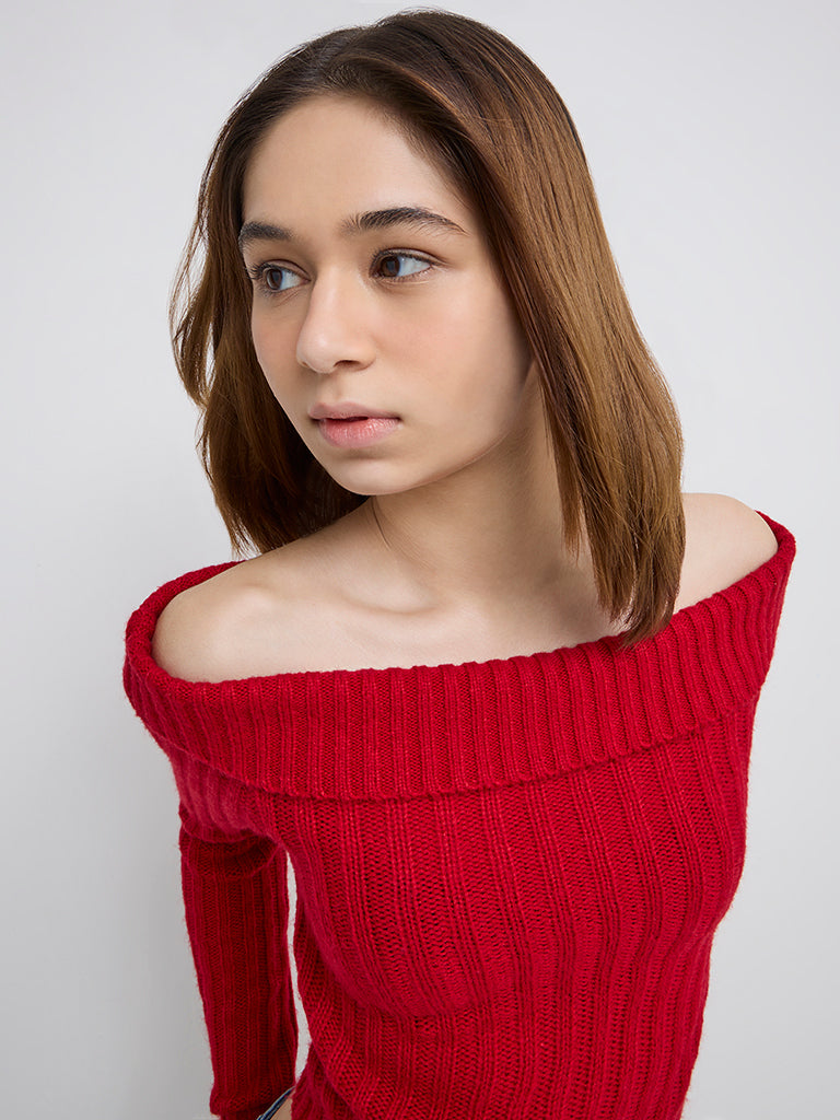 Nuon Red Ribbed Off-Shoulder Top