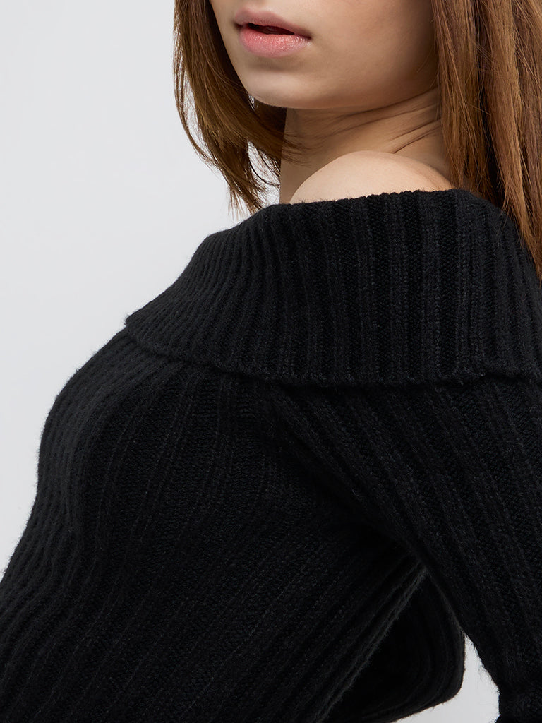 Nuon Black Ribbed Off-Shoulder Top