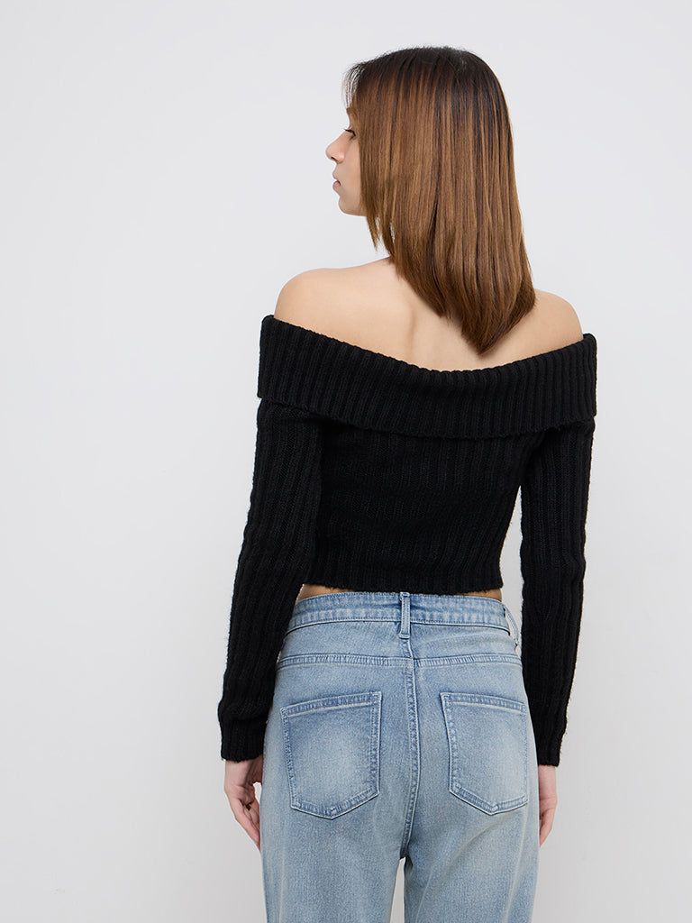 Nuon Black Ribbed Off-Shoulder Top