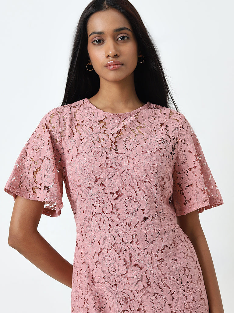 Wardrobe Dusty Pink Floral Lace A-Line Dress