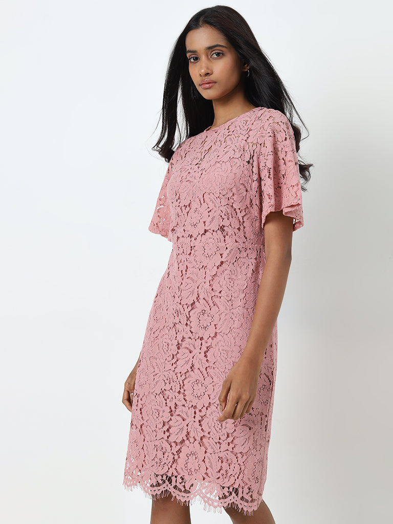 Wardrobe Dusty Pink Floral Lace A-Line Dress