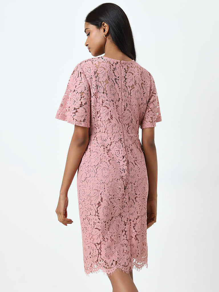 Wardrobe Dusty Pink Floral Lace A-Line Dress