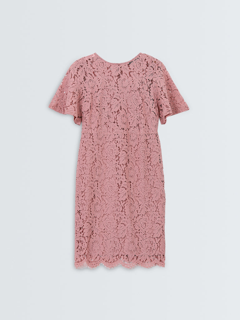 Wardrobe Dusty Pink Floral Lace A-Line Dress