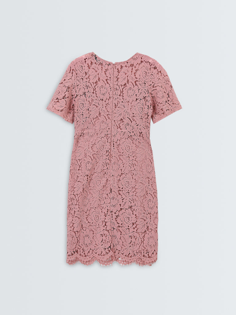 Wardrobe Dusty Pink Floral Lace A-Line Dress