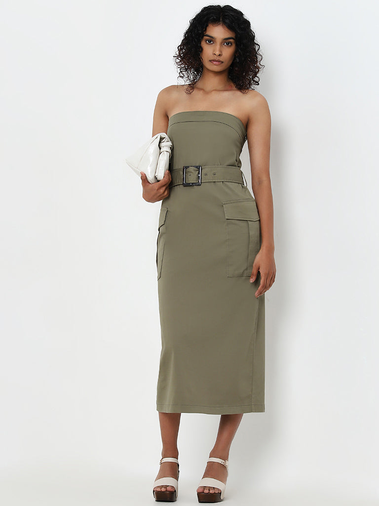 LOV Olive A-Line Cotton Blend Tube Dress with Belt