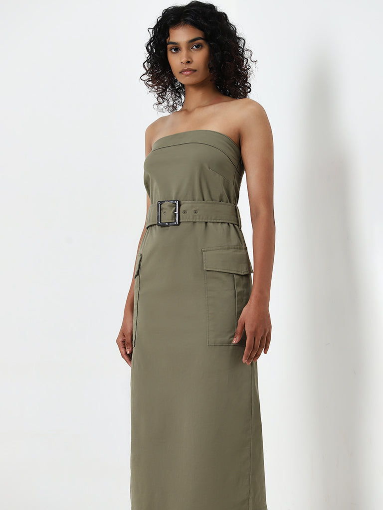 LOV Olive A-Line Cotton Blend Tube Dress with Belt