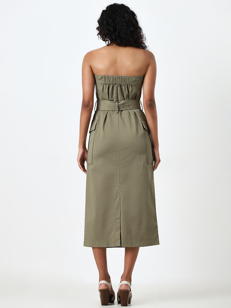 LOV Olive A-Line Cotton Blend Tube Dress with Belt