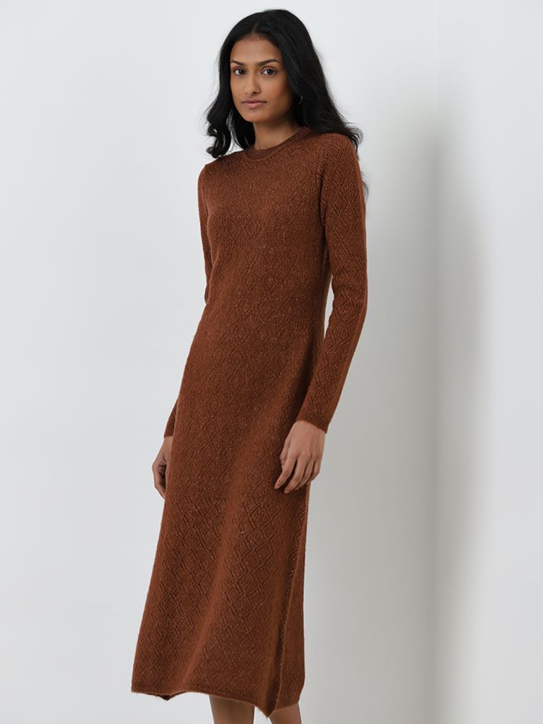 LOV Brown Knit-Textured Straight Dress