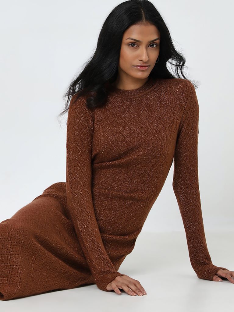 LOV Brown Knit-Textured Straight Dress