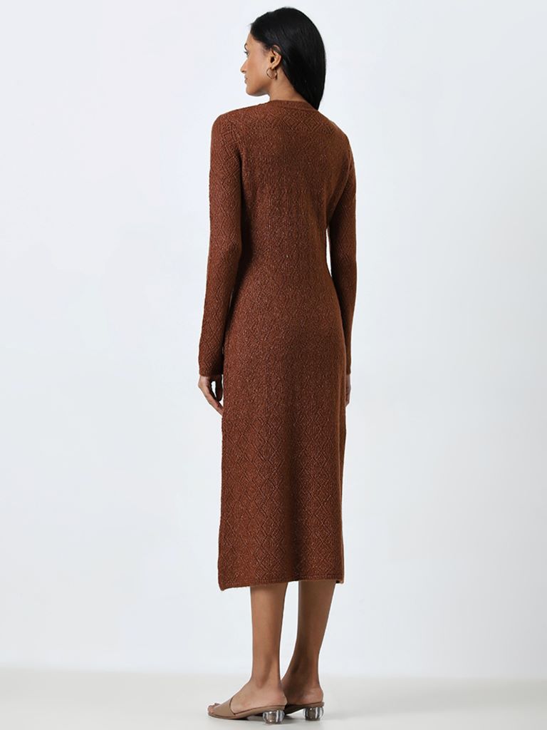 LOV Brown Knit-Textured Straight Dress