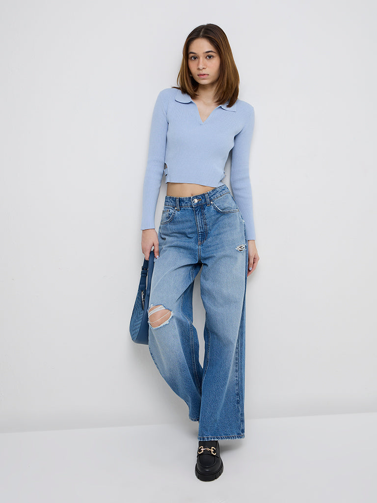 Nuon Light Blue Ribbed-Textured Crop Top