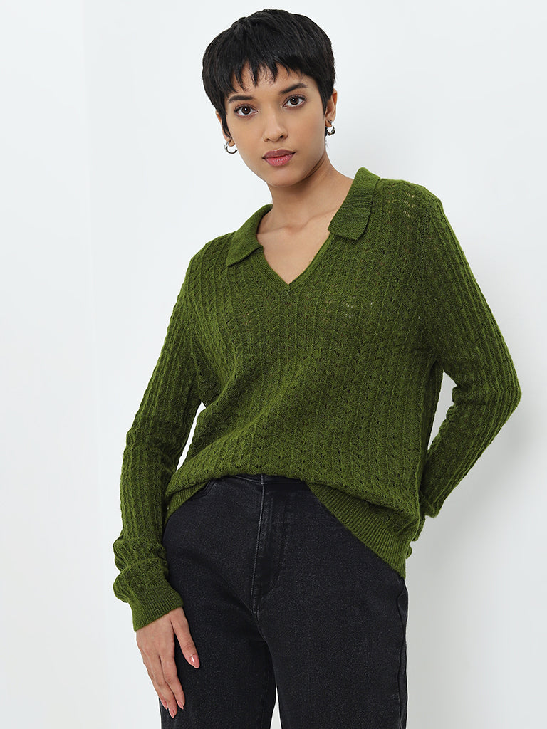 LOV Green Knit-Textured Sweater