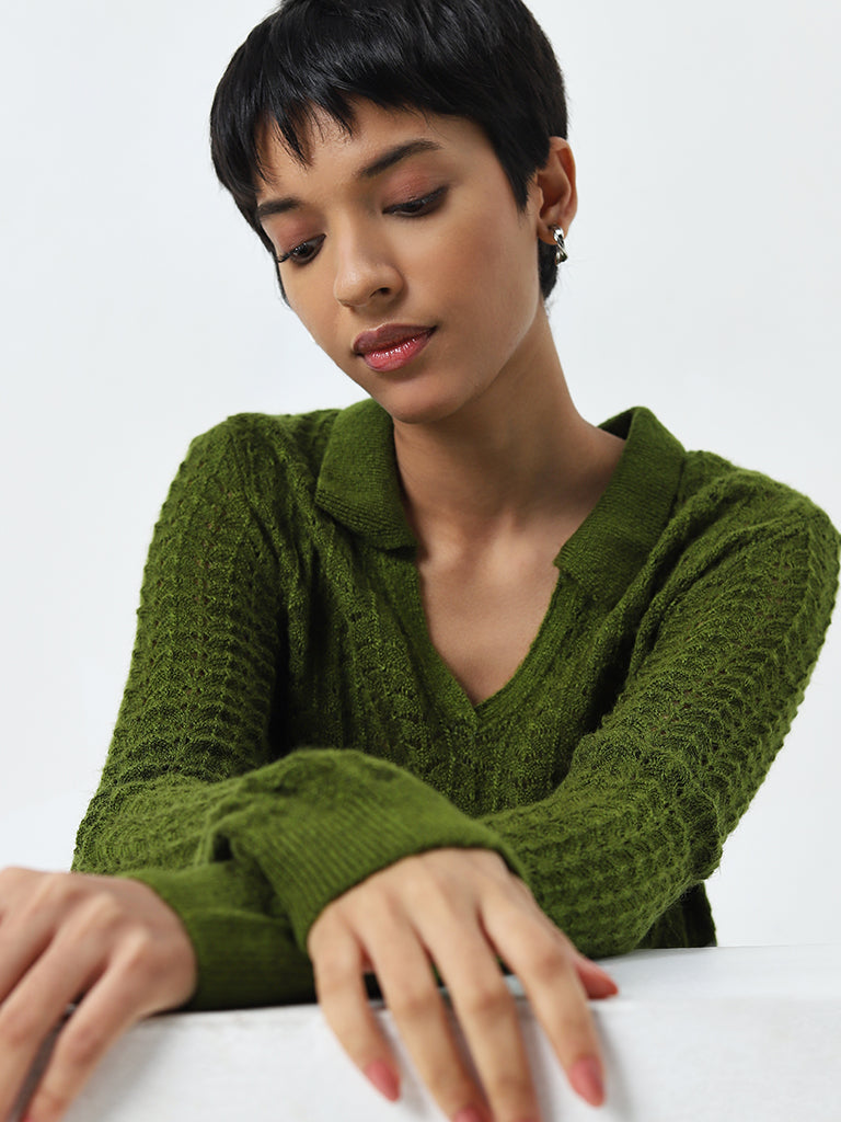 LOV Green Knit-Textured Sweater