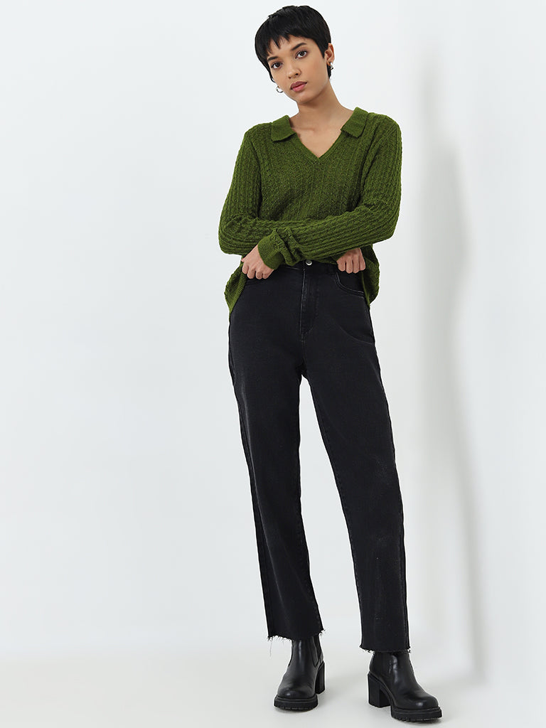 LOV Green Knit-Textured Sweater