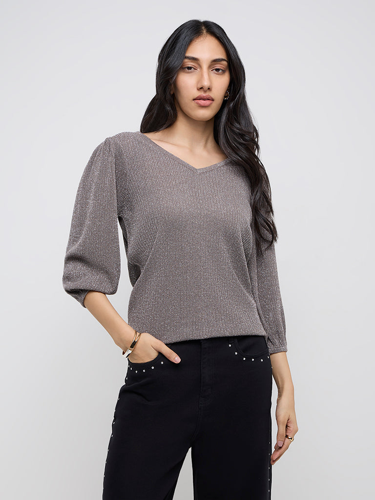 LOV Brown Shimmer Detailed Knitted Sweater