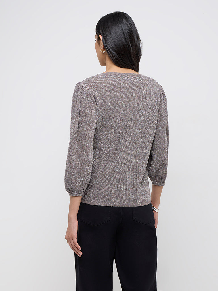 LOV Brown Shimmer Detailed Knitted Sweater