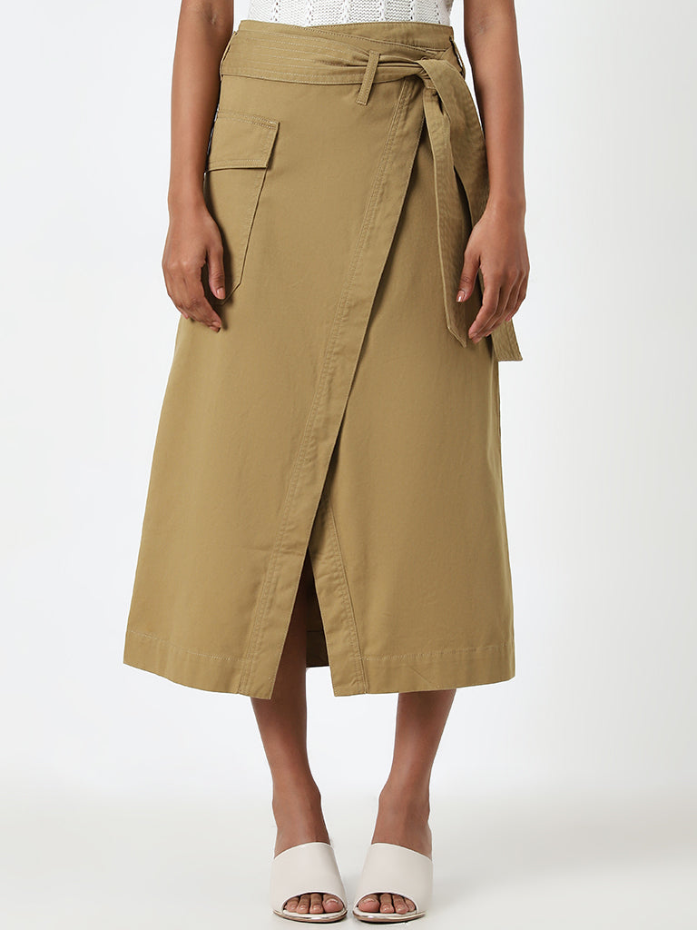 LOV Dark Beige Asymmetrical High-Rise Skirt with Belt