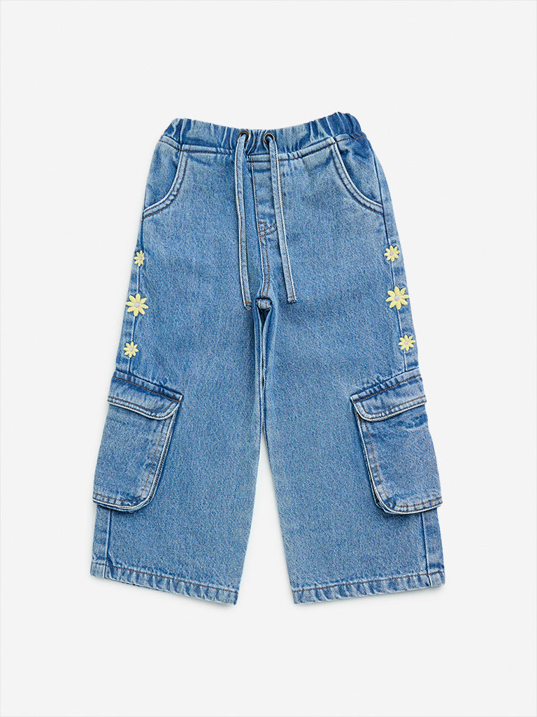 HOP Kids Blue Floral Pattern Relaxed - Fit High - Rise Jeans