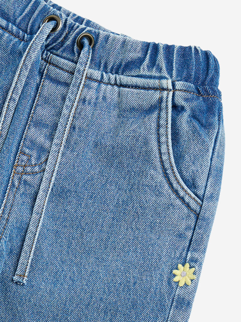 HOP Kids Blue Floral Pattern Relaxed - Fit High - Rise Jeans