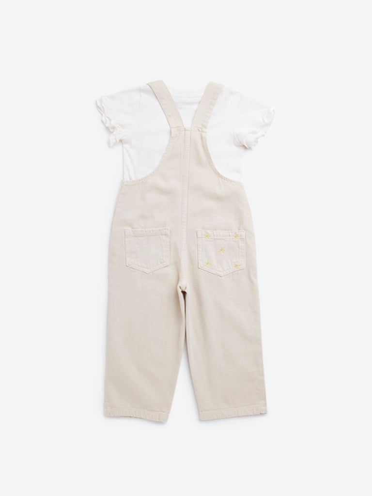 HOP Kids Beige Floral Embroidered Cotton Dungaree with T-Shirt Set