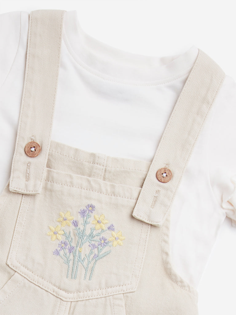 HOP Kids Beige Floral Embroidered Cotton Dungaree with T-Shirt Set