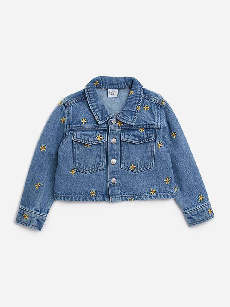 HOP Kids Blue Floral Embroidered Denim Jacket