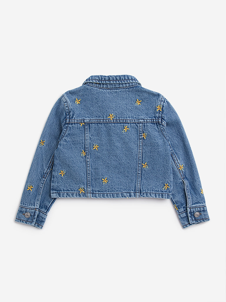 HOP Kids Blue Floral Embroidered Denim Jacket