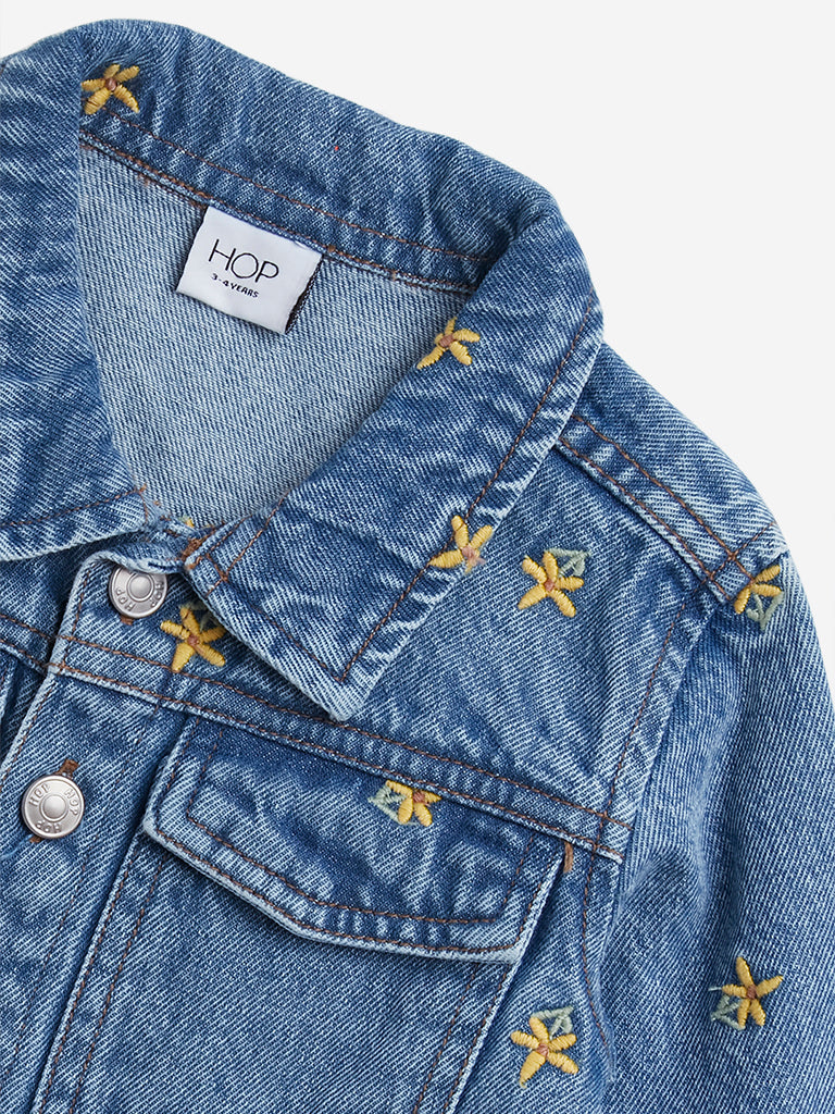 HOP Kids Blue Floral Embroidered Denim Jacket