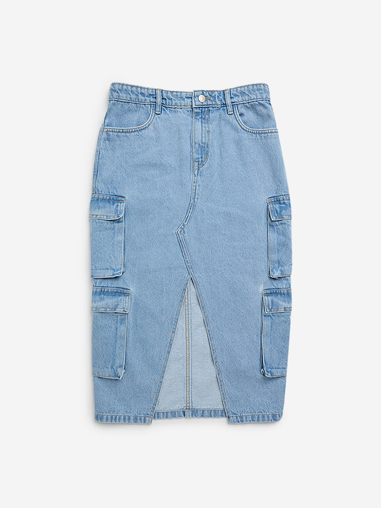 Y&F Kids Light Blue Slit-Detailed High-Rise Skirt