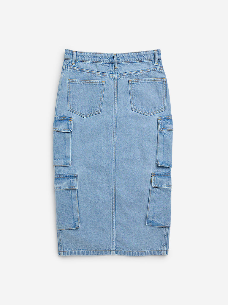 Y&F Kids Light Blue Slit-Detailed High-Rise Skirt