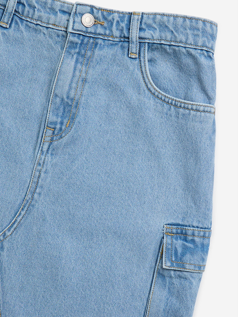 Y&F Kids Light Blue Slit-Detailed High-Rise Skirt