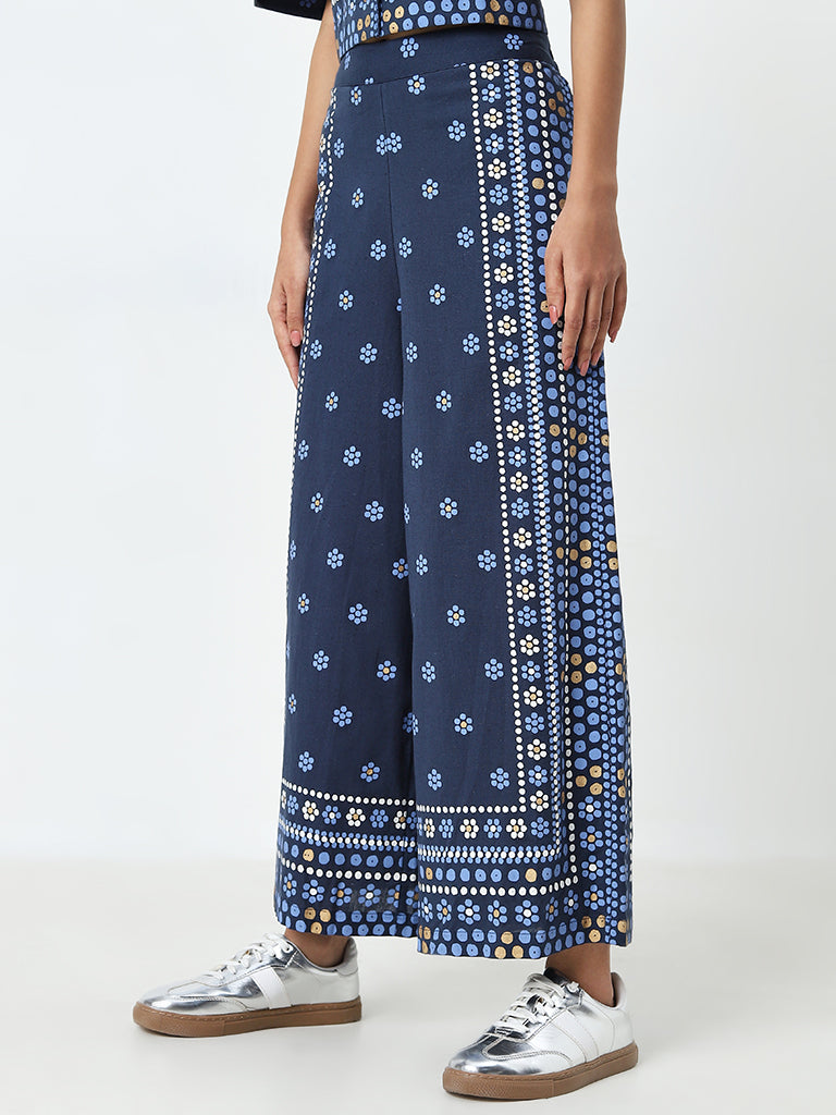 Bombay Paisley Blue Printed High-Rise Cotton Blend Pants