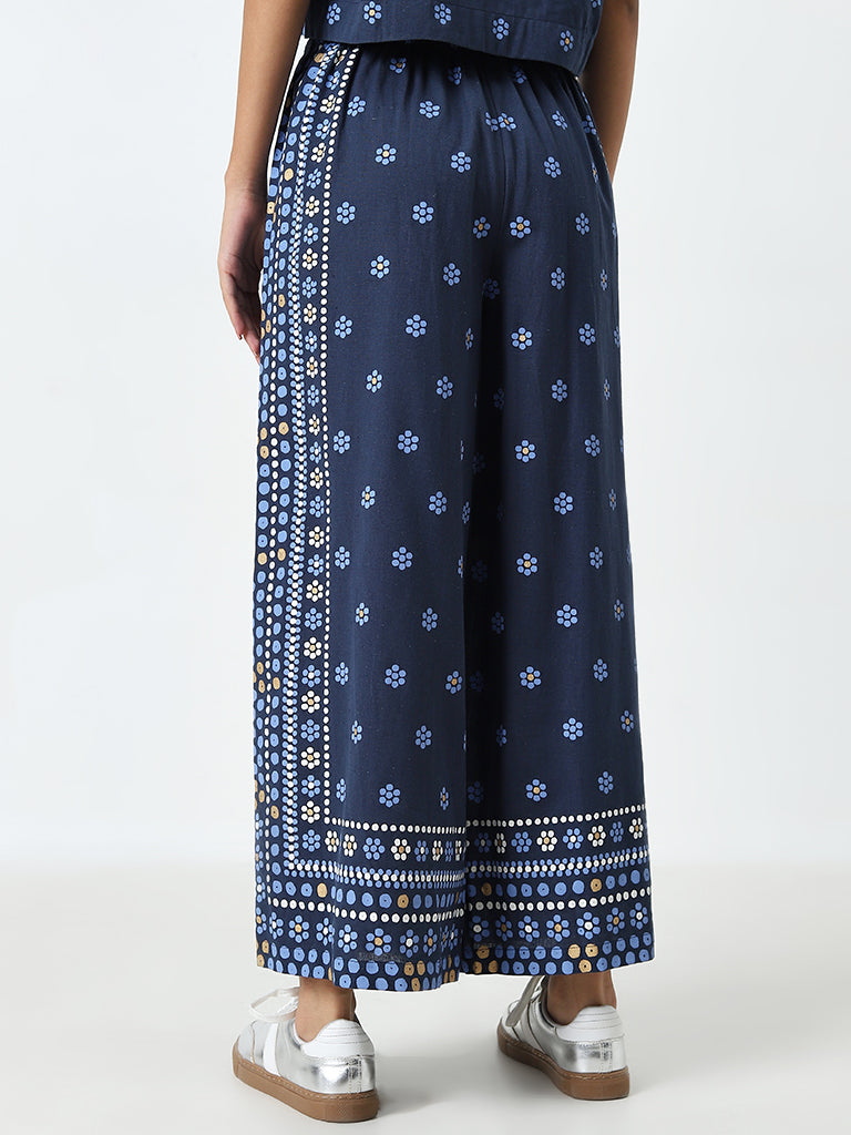 Bombay Paisley Blue Printed High-Rise Cotton Blend Pants