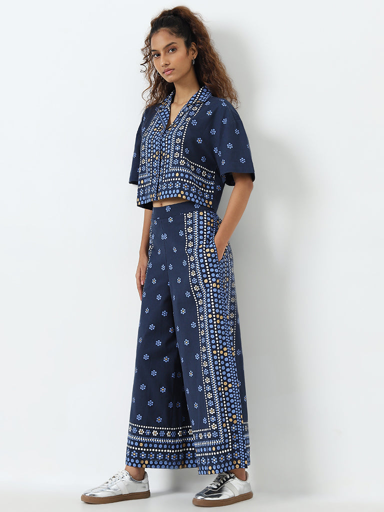 Bombay Paisley Blue Printed High-Rise Cotton Blend Pants