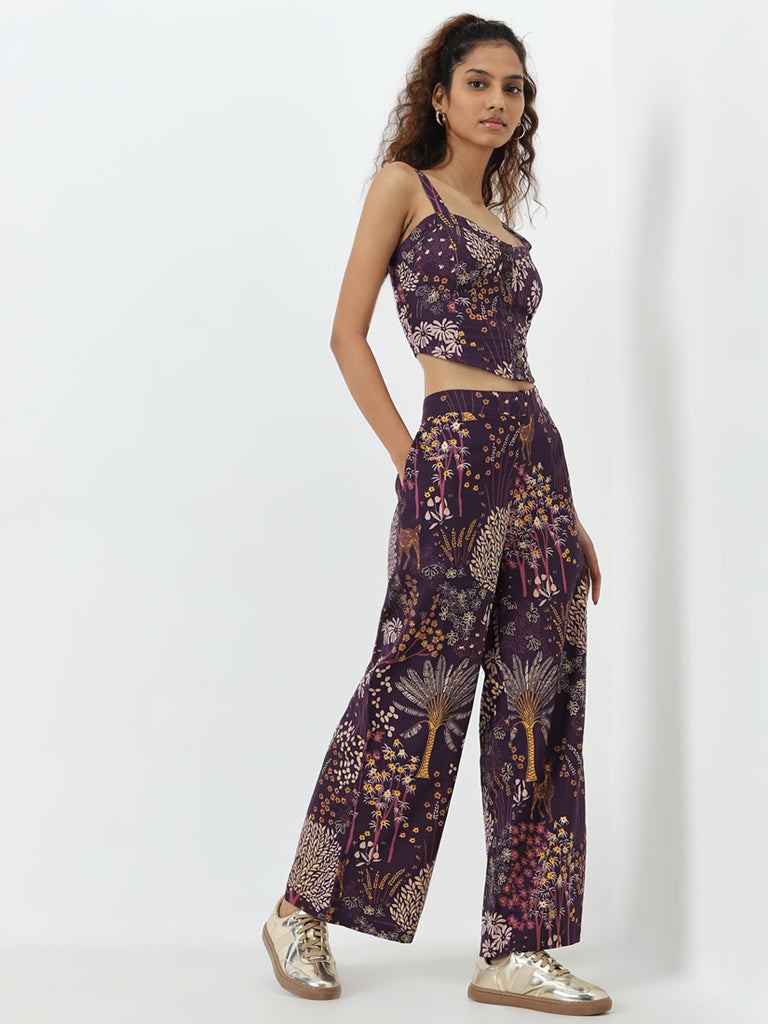 Bombay Paisley Purple Nature-Themed High-Rise Cotton Pants