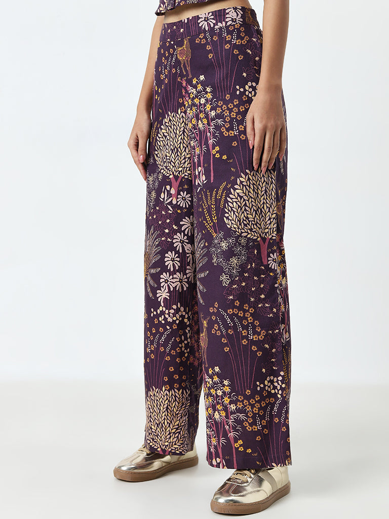 Bombay Paisley Purple Nature-Themed High-Rise Cotton Pants