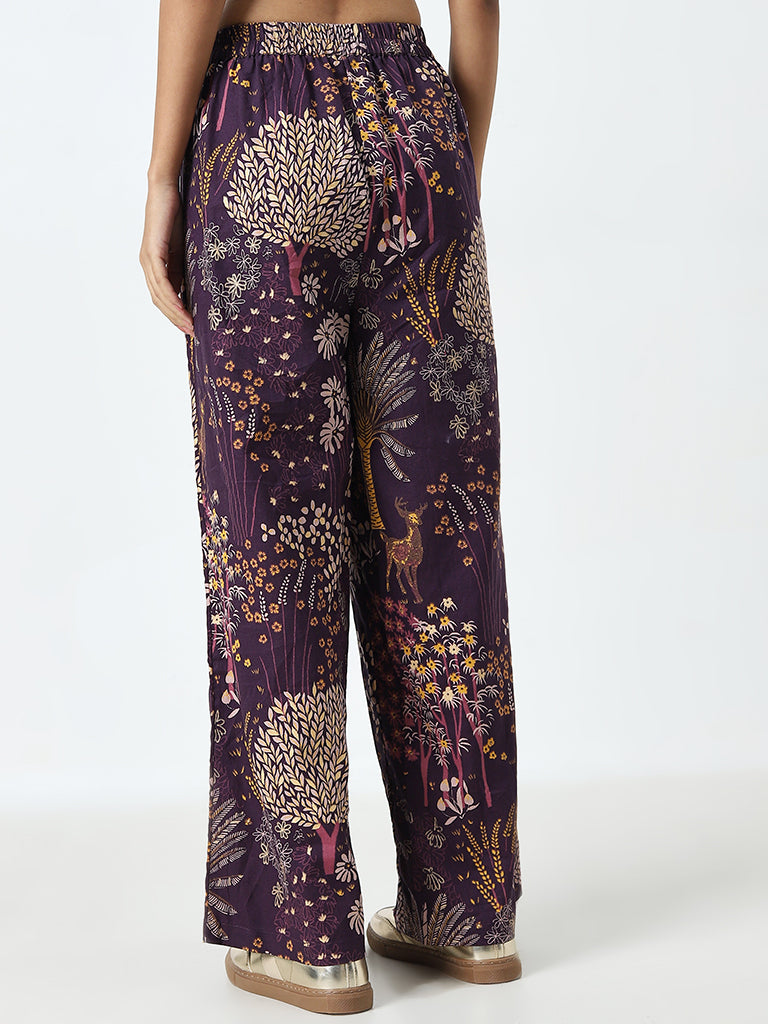 Bombay Paisley Purple Nature-Themed High-Rise Cotton Pants