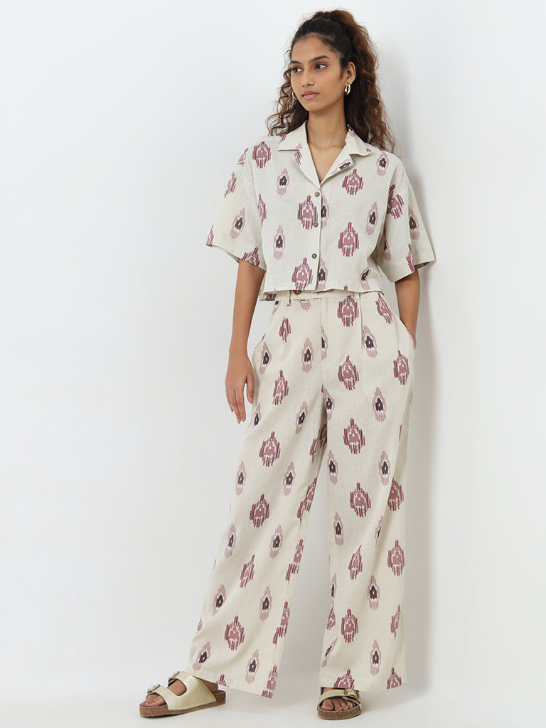 Bombay Paisley Ivory Ikat Printed High-Rise Cotton Pants