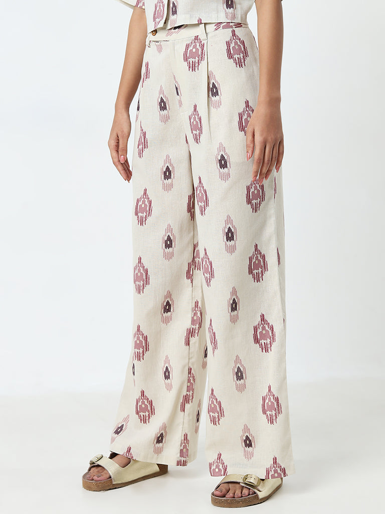 Bombay Paisley Ivory Ikat Printed High-Rise Cotton Pants