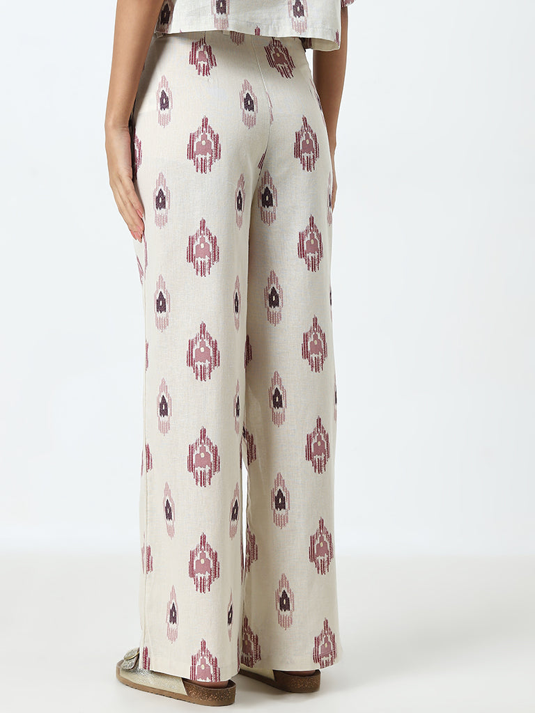 Bombay Paisley Ivory Ikat Printed High-Rise Cotton Pants