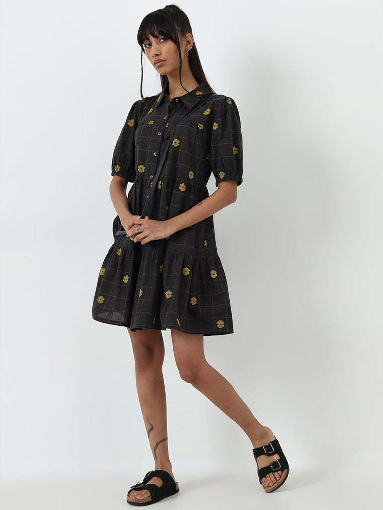 Bombay Paisley Black Embroidered Tiered Cotton Shirt Dress