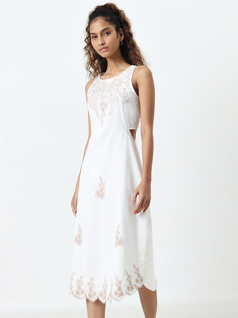 Bombay Paisley Off-White Floral Embroidered A-Line Dress