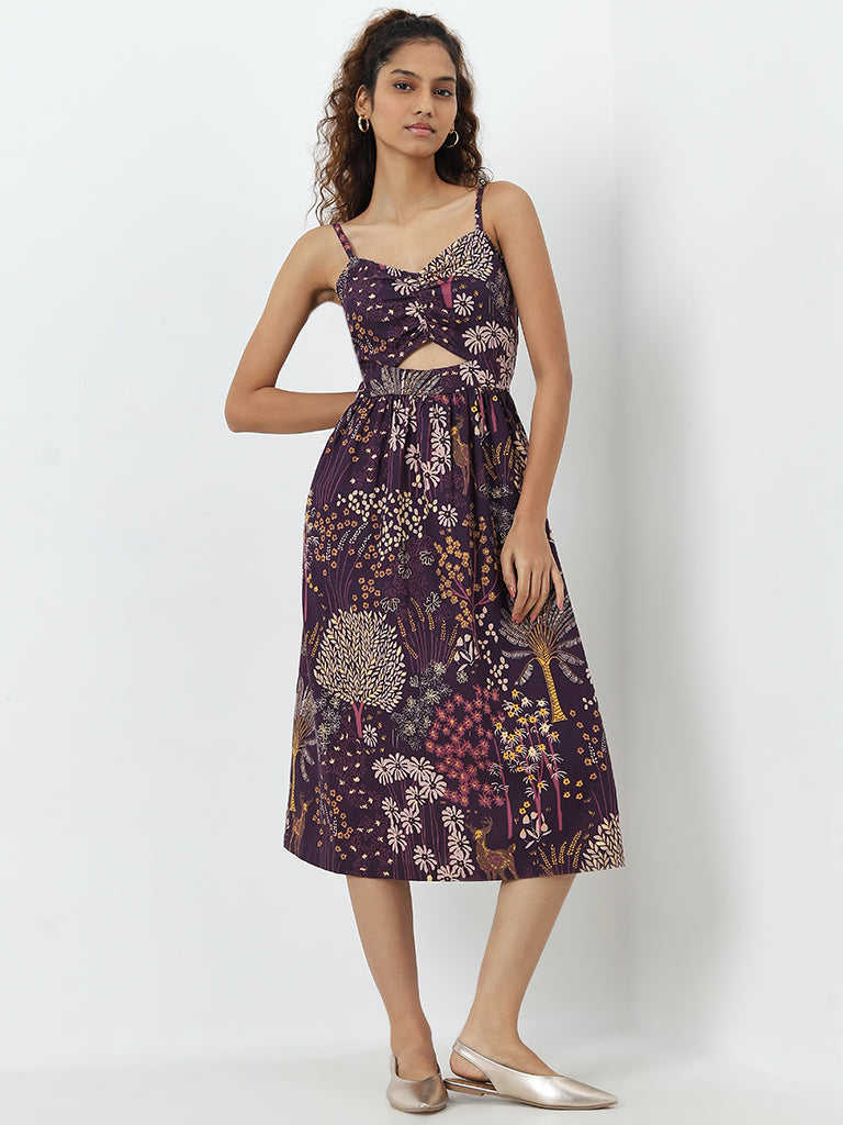 Bombay Paisley Purple Nature-Themed A-Line Cotton Dress